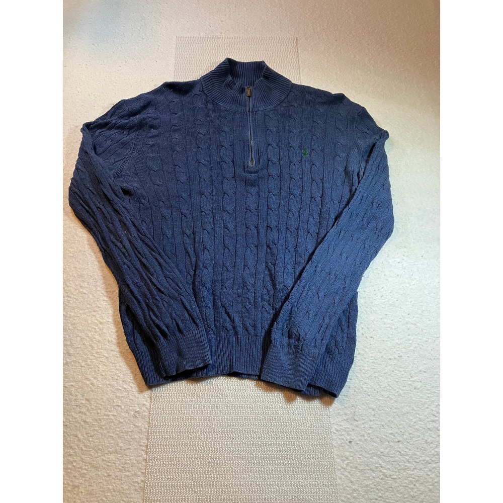 Polo Ralph Lauren Quarter Zip Mens Pullover Navy Blue Cable Knit Sweater Size L